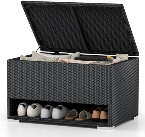 COSTWAY Coffre de Rangement Extérieure en Osier 186 L, Boîte de Rangement avec Étagère à Chaussures Doublure Protectrice, pour des Outils Jouet Accessoires, pour Intérieur et Extérieur