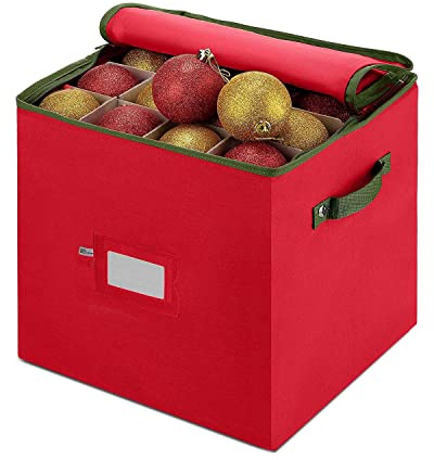 ArkCamp Christmas Ornament Storage Box With Dividers, 4 Layers 64-Compartment Christmas Decoration Storage Box with Removable Lid for Delicate Xmas Decorations and Baubles Storage Container Red