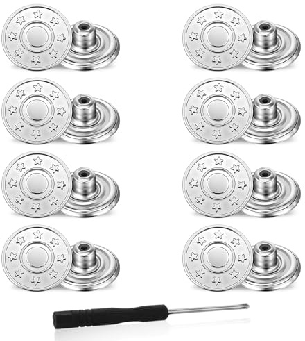 8 Stück Jeans Knöpfe, 20mm Silber Hosen Ersatz Knöpfe Nähfreiknopf Ersatzknopf Verstellbare Jeansknöpfe für Hosen Abnehmbare Metall Hosenknöpfe Verstellbares Knopf Ersatzset