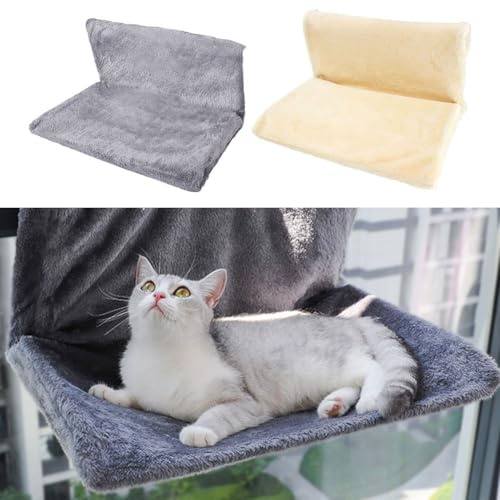 Tidevib Lit chauffant pliable pour chat - Lit chaud à suspendre - Doublure polaire en peluche avec cadre en métal robuste - Panier chauffant pliable pour petits chats et chatons jusqu'à 5 kg - Beige
