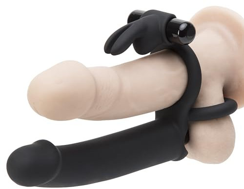 Lovehoney Double Fun Vibrating Rabbit Double Penetration Strap On Dildo - 6 Inch Realistic Silicone Dildo with 2 Bullet Vibrators - Waterproof - Black