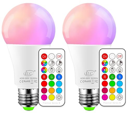 iLC Farbige Leuchtmittel LED RGBW Lampe Edison Dimmbare Farbige Leuchtmitte Lampen 10W E27 RGB LED Birnen- Dual Memory - 12 Farben - Kabellos Fernbedienung inklusive (2-er Pack)