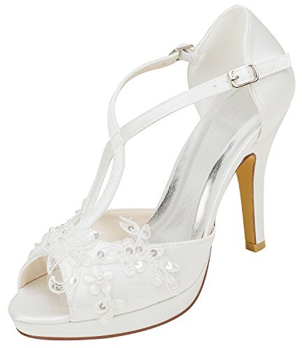 Emily Bridal Scarpe da Sposa La Seta delle Donne Come la Piattaforma della Punta del Tallone del Tacco del Raso del Raso con Perla del Merletto di Cucitura (EU37, Ivory)