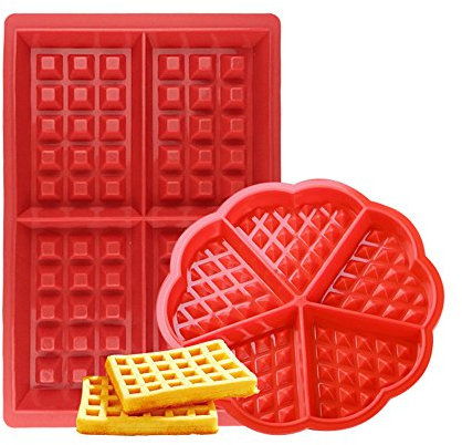 Febbya Moule à Gaufres, Silicone Gaufrier 2 Paquet Antiadhésive Moule à Biscuit Set pour Enfants Muffins Gâteau Choclate Cuisine Outils Rectangulaire et Coeur Forme Rouge