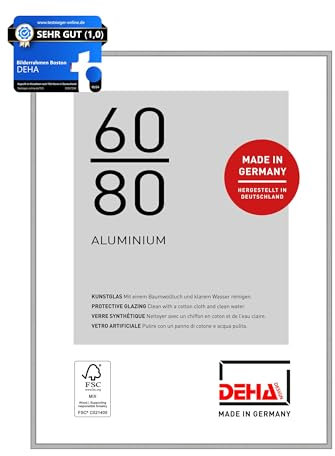 DEHA Design Bilderrahmen, 60 x 80 cm, Aluminium, Silber matt, Posterrahmen zum Aufhängen im Hoch- & Querformat, bruchsicheres Kunstglas, Boston