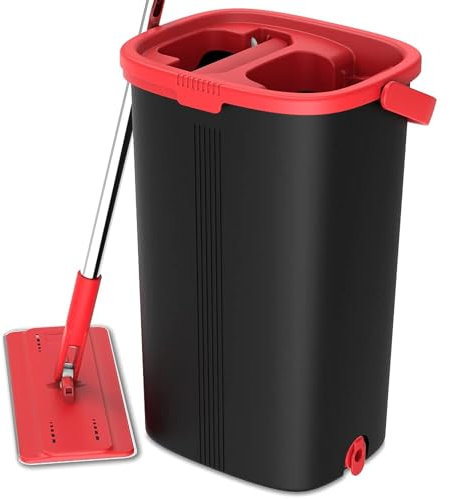 TETHYS Flat Floor Mop and Bucket Set for Professional Home Floor Cleaning System with Aluminum Handle/2-Washable Microfiber Pads Perfect Home + Kitchen Cleaner for Hardwood, Laminate, Tiles, Vinyl