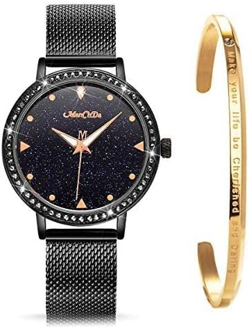 ManChDa Damen Armbanduhr Kristall Mesh Edelstahl Gürtel Damen Quarz Diamant Klassische Mode Romantisch + Schmuck Manschette Armband Set