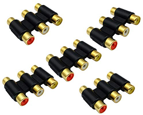 AAOTOKK 3 RCA Coupleur Connecteur Plaqué Or 5 Pack Adaptateur Extension AV Câble Audio Vidéo Connecteur (3 RCA Femelle à Femelle)
