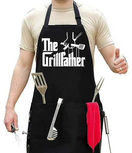 Grembiule divertente da uomo, regolabile, taglia grande, taglia unica, in poli/cotone, con 2 tasche, regalo per barbecue, per papà, marito, cuoco (Grillfather), nero, Large one size fits up to men 3x