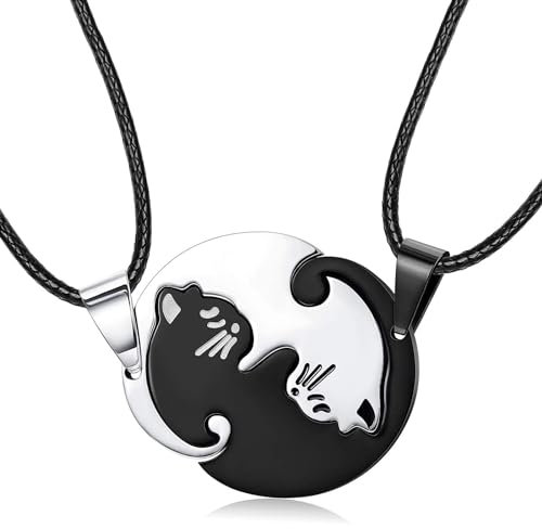 YancLife Paar Halskette, Paare Kette Puzzle Katze Halskette Freundschaftskette Schmuck Edelstahl Pärchen Halskette Schwarzweiss Kätzchen Schmuck Edelstahl Pärchen Halskette
