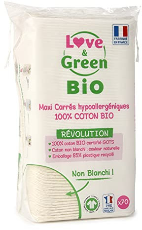 Love & Green - Cotons Maxi Carrés Hypoallergéniques x70 - Change et Toilette Bébé - 100% Bio - Non Blanchis, Doux et Naturels - Fabriqués en France