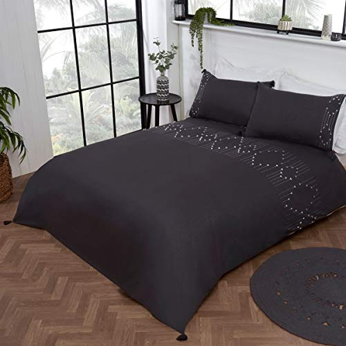 Sleepdown Luxuriöses Bettwäsche-Set im Boho-Stil, Bestickt, mit Kissenbezügen, Anthrazitgrau, Quasten, pflegeleicht, weich, gemütlich, Kingsize-Bett (220 x 230 cm)