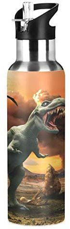 Vnurnrn Art Mignon Bébé Dragon Dinosaure Bouteille d'eau Isotherme avec Paille en Acier Inoxydable Gourde 600ML, Sans Bpa Gourdes Eau pour Enfant Sport Randonnée École Bureau