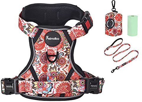 Petmolico No Pull Hundegeschirr-Set, 2 Leinen, Attribut, einfache Kontrolle, Griff, reflektierende Weste, Hundegeschirr, mittlere Rasse, Set mit Kotbeutelhalter, mittlere Boho-Blumenmuster, PT207