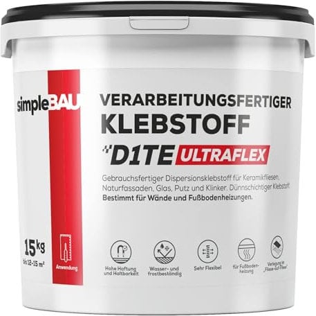 simpleBAU - Fertig Gemischter Fliesenkleber 15 KG, Universal Kleber für Gipskarton Osb-Kleber für Schwierige Untergründe, Montagekleber für Fußbodenheizung und Keramik Stein für Innen & Außen