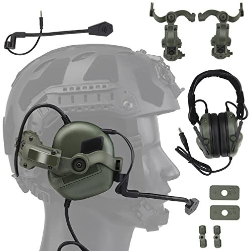 WLXW Taktisches Headset Für Airsoft (Am Kopf Und Am Helm Montiert), Wargame Hunting Outdoor Non-Military Tactical Earmuff (No Noise Reduction), Mit Helm-ARC-Schienen-Adapterarm,Grün