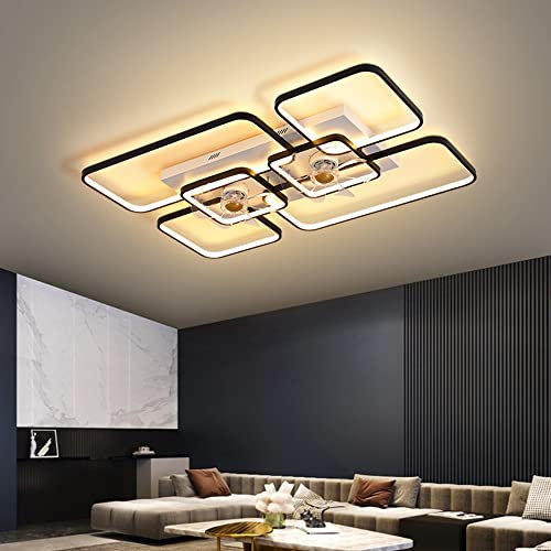 Rectangular Ceiling Fan Lamp Modern Minimalist 7 Blades LED Semi Flush Light with Remote Control for Living Room 27.5'', Black-White