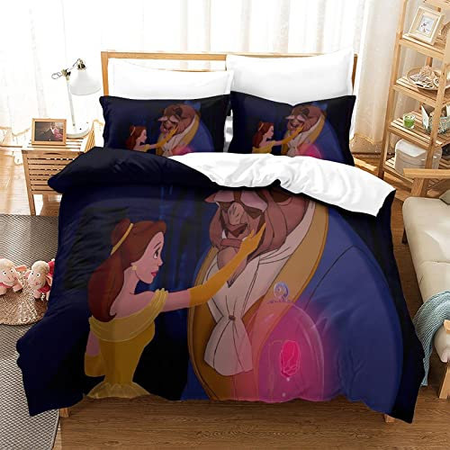KUFRY Die Schöne und das Biest Bettbezug 135x200 cm Bettwäsche Set Mit Bettbezüge and Kissenbezüge Weicher Hypoallergenic Mikrofaser Bettwäsche-Sets mit Reißverschluss und Kissenbezug