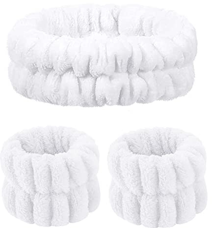 Leikedun 3Pcs White Spa Headband & Wrist Washband Set, Soft | Elastic skincare headband for face washing, fluffy makeup wristbands prevent water drips, yoga shower hair Band for women