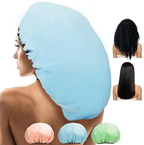 Sheomern Jumbo Shower Cap for Women, Extra Large Shower Caps Reusable Waterproof Satin Lined Shower Cap, XXL Adjustable Double Layer for Long Hair, Braids, Curly, Dreadlocks, Locs (3 Pcs)