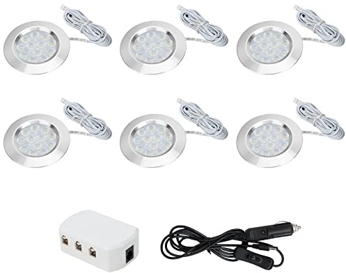 LC-AUTO Interior Spot Light with Junction Box & Car Charger 12V 3W Recessed Ceiling Downlight for Camper Van Caravan Motorhome Boat 6000K Cool White 6PCS