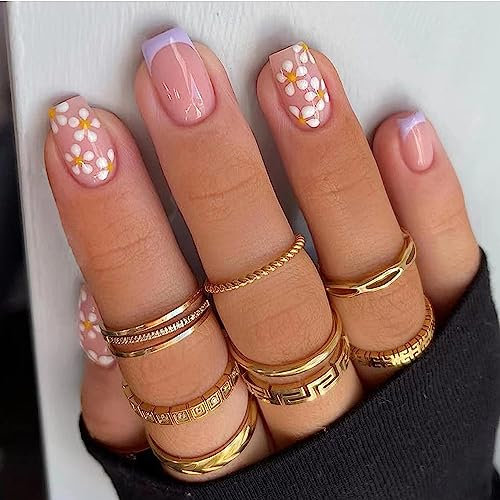 Kyzistn French False Nails Short,24 PCS Fake Nails Short French Stick on Nails with Flower Designs,Peach Short False Nails,Acrylic Full Cover Nails Tips for Women Girls Nails Art (Purple)
