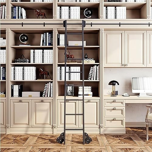 Kit Hardware per Binario con Scala Mobile per libreria | Binario con Scala Scorrevole | Binario in Ferro Resistente per libreria, Ufficio Domestico (Senza Scala) - Nero (Dimensioni