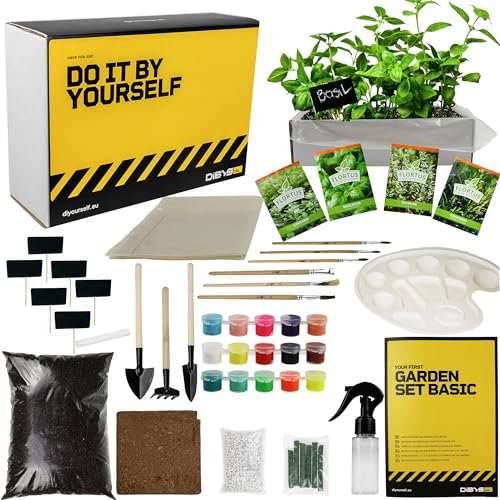 DIBYS Kit de Jardinage pour Enfant | Kit Herbes Aromatiques avec Graines d'Herbes, Outils en Bois & Terre | Idée Cadeau Créative | Set de Plantation avec Semences (Thym, Basilic, Origan & Romarin)