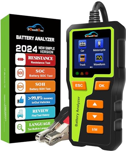 Tester Batteria Auto 5-30V, 100-2000CCA Moto DonosHome DH310 Tester per Batteria >99.8% Con la Funzione di Test SOC, SOH, Manovella e Carica, Adatto per Auto, Moto, Camion e Altro Ancora