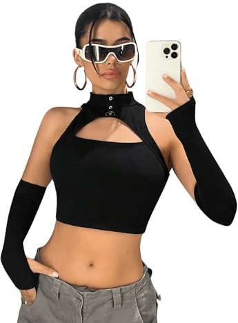 GORGLITTER Crop Tops Damen Cut Out Top Mit Ausschnitt Y2k Tank Top Sexy Bauchfreie Oberteile Ring-Schwarz XXS