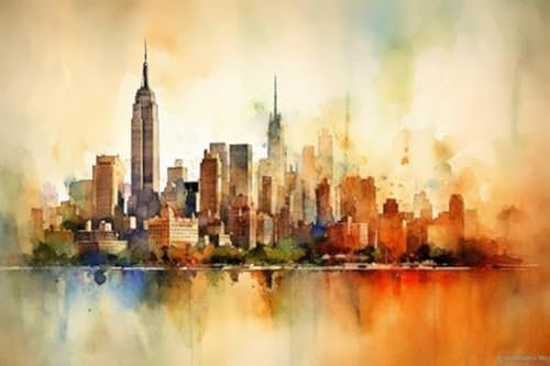 Acryl-Bild 110 x 70 cm: Skyline von New York City bei Sonnenuntergang, USA. Digitale Aquarellmalerei. (206388427)