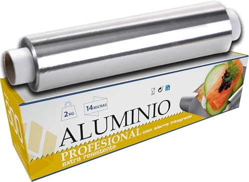 VESCEL-Rollo de Papel Aluminio Industrial 30cm, 14 Micras, 2 kg, Papel Aluminio Profesional con Sierra para Corte, Ideal para Envolver, Asar, Conservar, Estuche con Sierra