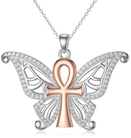 PROESS Ankh Schmetterling Halskette 925 Sterling Silber Ankh Kreuz Anhänger Kette Schmetterling Schmuck Amulett Geschenke für Damen und Herren