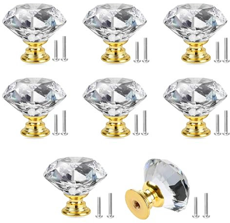YEYIT 8 Pack Crystal Cabinet Knobs 25mm Glass Diamond Door Handles,Cupboard Drawer Pull Handle with Screws,Crystal Door Knobs for Furniture Cabinet Drawer Dressing Table Decoration(Golden Base)