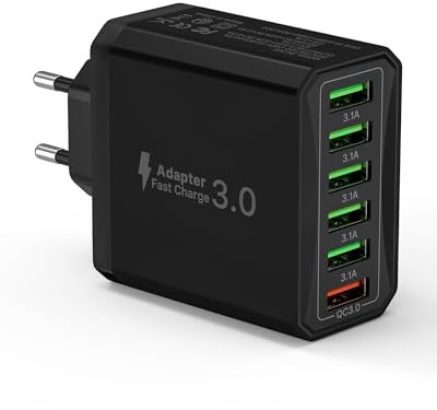 33W Caricatore USB, 6 Portos Caricabatterie Multipla con QC3.0 Per iPhone 15 Pro Max 14 Plus 13 12 11 SE XR, iPad Pro, Samsung, Spina Carica Rapido Adattatore Alimentatore Presa Muro Ricarica