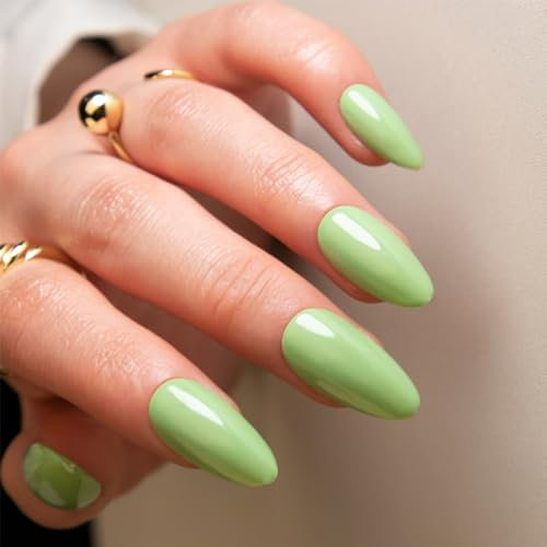 Boloshine Amande Faux Ongles Court, 24 Pièces Couleur Pure Press on Nails Faux Ongles Autocollants, Glossy Couverture Complète Ongles à Coller Décorations Accessoires pour Femmes et Filles, Vert