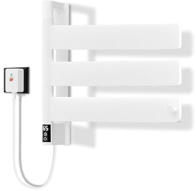 TINS Handtuchheizkörper Elektrisch Weiß Badheizkörper Elektrisch mit LED Anzeige 180° Drehung Elektrischer Handtuchhalter mit Timer/Einstellbarer Temperatu Intelligenter Thermostat-35.1×44.4×9.5 cm