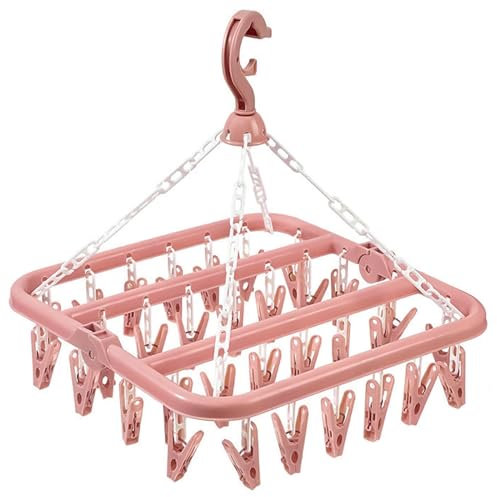 hautllaif Clothes Drying Hanger with 32 Clips, Foldable Design Multi-Functional Sock Dryer and Rotary Wind-sock hanger for washing line, Ideal Hanger for Socks, Underwear, Bras, Baby Clothes (Pink)