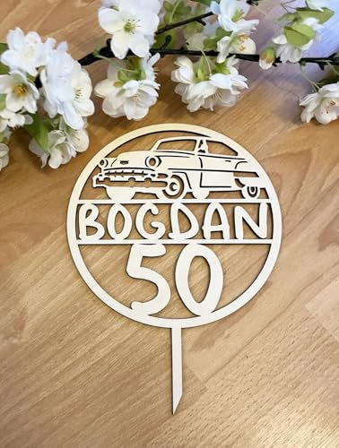 NoriKids Cake-Topper personalisiert & handgefertigt | Tortenstecker aus Holz | Tortendeko Geburtstag | Kranz mit Auto, Name & Alter | individuelle Geburtstagsdeko | personalisierte Geschenke