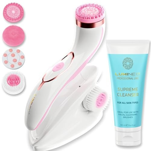 Lumineo brosse nettoyante pour le visage avec gel nettoyant, brosse électrique USB pour le visage pour un nettoyage en douceur et en profondeur (PRO rose (peau normale))