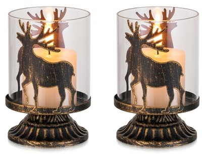 Romadedi Hirsch Windlicht Weihnachten Schwarz: 2er Set Rentier Kerzenhalter Kerzenständer Windlichter Kerzenleuchter für Weihnachtsdeko Tischdeko Fenster Geschenke Vintage Wohnzimmer