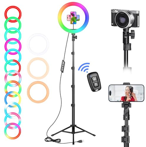 Ring Light Professionale, 182cm Treppiede per Smartphone con Luce, 10 Luce RGB Dimmerabile ad Anello per Selfie, Youtube, TikTok, Video & Fotografia