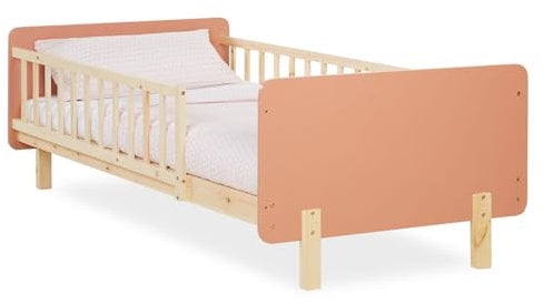 Homestyle4u 2606, Kinderbett 90x200 mit Rausfallschutz & Lattenrost Apricot Natur Massivholz Kleinkindbett Gitterbett Bett Kinder