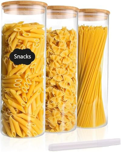 FWEEK Lot de 3 Bocaux en Verre Hermétiques 2L avec Couvercle Bambou, Pots de Conservation Empilables pour Farine, Pâtes, Céréales, Sucre - Inclus Étiquettes et Crayon