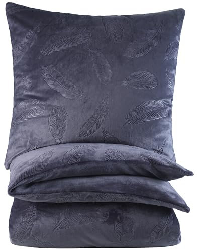 BaSaTex Winter Plüsch Bettwäsche Cashmere Touch im Prägedruck | flauschig und warm | 155x220 cm Deckenbezug + 80x80 cm Kissenbezug | 2 teiliges Set | Design Federn Anthrazit
