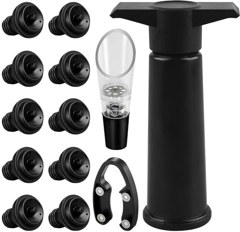 WIYETY 1 jeu de pompe à vide à vin avec 10 bouchons, pompe à vide Wine Saver avec bec verseur à décanter et coupe-capsule, pompe à vin, pompe à vide, bouchon à vin pour garder le vin frais (noir)