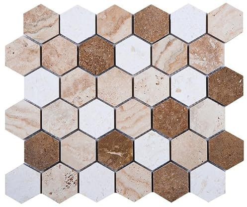(5 carreaux) Carreaux de mosaïque, marbre, pierre naturelle, 5,8 cm, mélange hexagonal de travertin en marbre poli, pour sol, mur, salle de bain, WC, douche, cuisine, revêtement de comptoir,