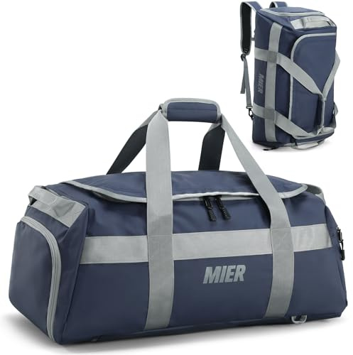 MIER Sporttasche 60L, Reisetasche Rucksack, Schuhfach, Weekender, Blau | Vom Duffle Bag zum Rucksack, verstaubare Schultergurte, Brustgurt und weiche Griffe, für Reise und Gym