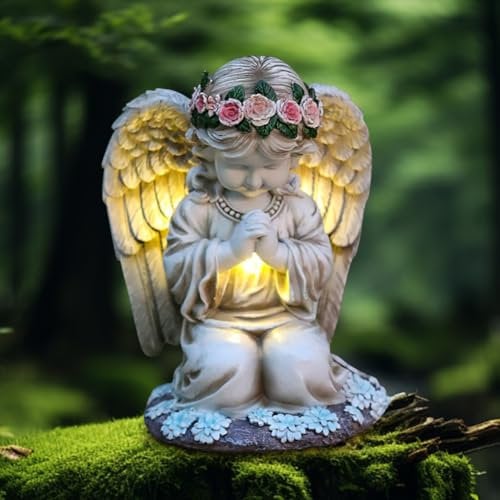 Solar Engel Gartenstatuen 8 Engel Figur am Grab, Grabschmuck Wetterfest Angel Gartenfiguren Betende Engel mit 3 LED Leuchten, Wetterfest Fairy Angel Skulptur Deko Rasen Hof Terrasse Fensterbank