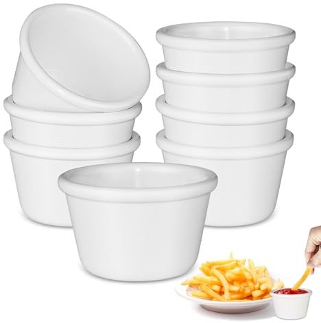 Aleker 8 Pcs Plastic Dipping Bowls, 1.5oz White Soy Sauce Dish, Small Serving Bowls, Mini Dip Bowls Ramekins, Reusable Snack & Dip Bowls for Ketchup, Salsa, Jam, Cream, Pudding, Soy, Spices